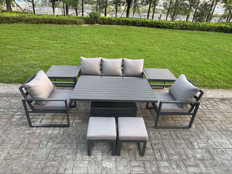 Fimous 7-Piece Aluminium Garden Furniture Sets 7 Seater Outdoor Sofa Set with Adjustable Rising Lifting Dining Table 2 Chairs 2 Small Footstools Side Table