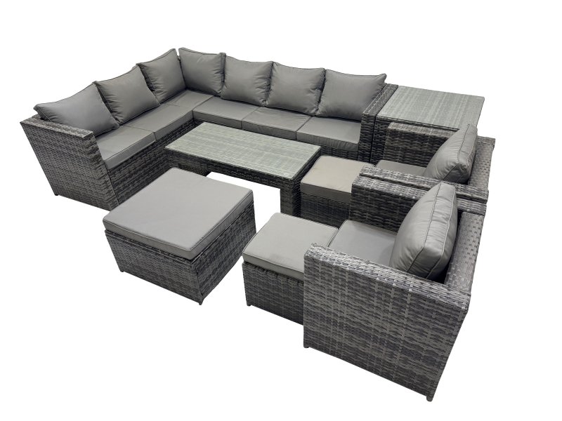 Fimous 9 Pieces Outdoor PE Rattan Garden Furniture Corner Sofa Oblong Coffee Table Set with Cushions 3 Footstools Side Table Dark Grey Mixed