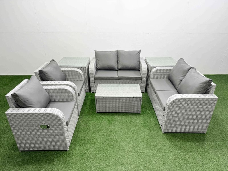 Fimous 6 Seater Outdoor Reclining Chair Love Sofa Set Rattan Garden Furniture Set with Rectangular Coffee Table 2 Side Tables Light Grey