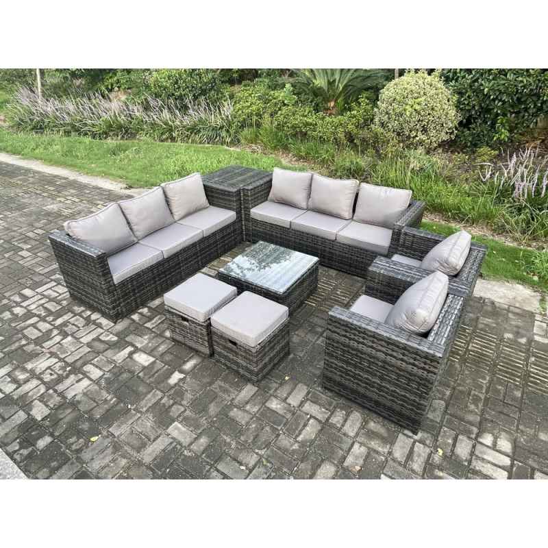 Fimous Rattan Garden Furniture Sofa Set with 2 Armchairs Square Coffee Table Side Table 2 Small Footstools Indoor Side Table 10 Seater Outdoor Rattan Set Dark Grey Mixed