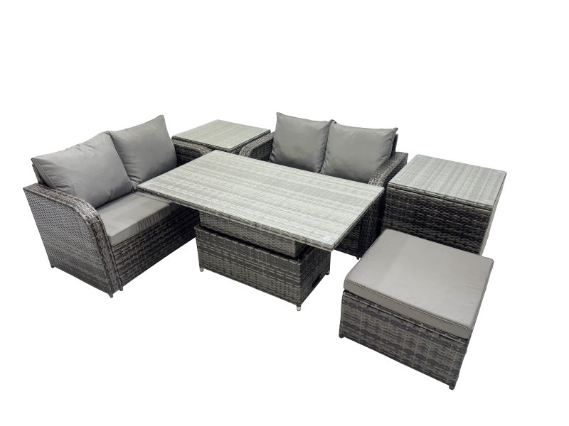 Fimous 5-seater Patio Height Adjustable Rising Lifting Table Sofa Sets Rattan Garden Furniture Dining Set with Big Stool 2 Side Tables Dark Grey Mixed