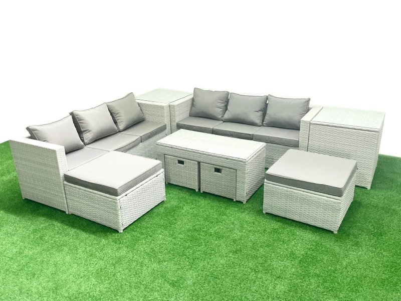 Fimous Outdoor Rattan Garden Furniture Set with Grey Cushions Luxury 10 Seater with Coffee Table and 2 Side Tables For Conservatory,Patio