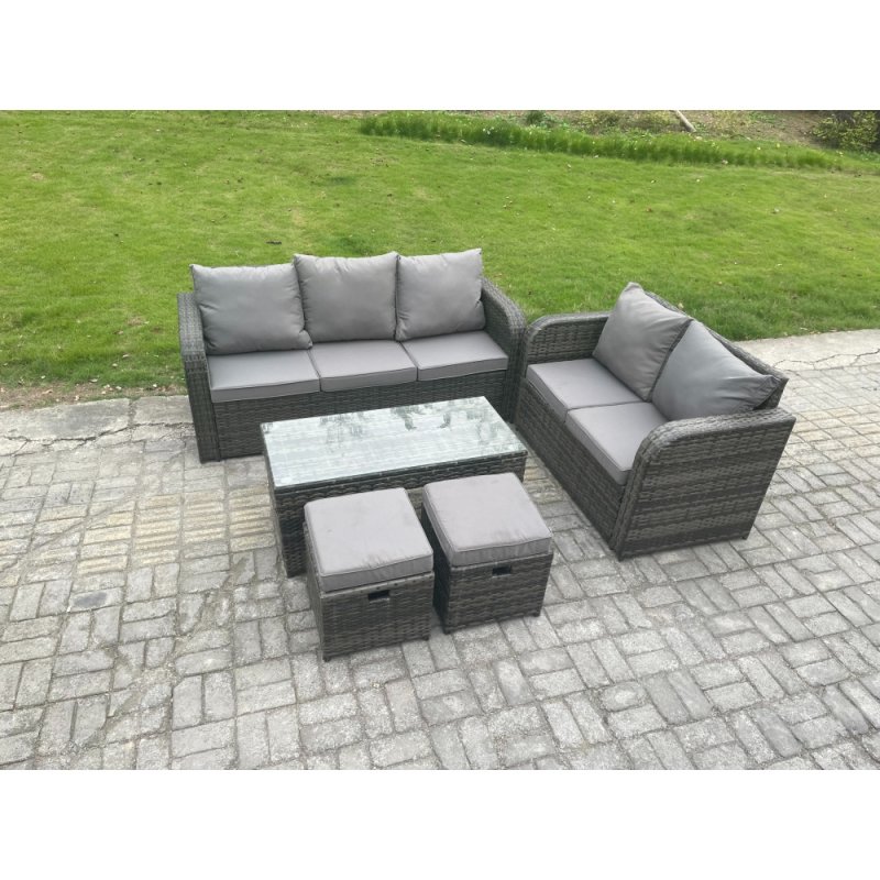 Fimous 7 Seater Outdoor Rattan Garden Furniture Set with Patio Lounge Sofa Set with Rectangular Coffee Table 2 Small Footstools Dark Grey Mixed