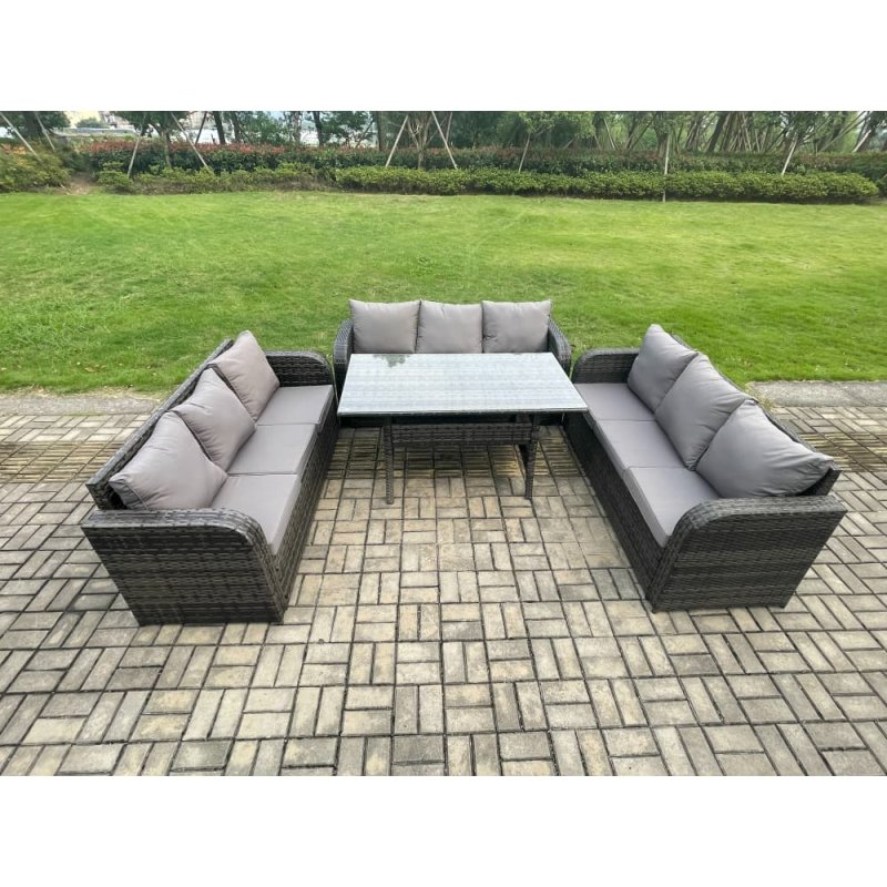 Fimous Patio Rattan Garden Furniture Set with Oblong Rectangular Dining Table 9 Seater Outdoor Lounge Sofa Set Dark Grey Mixed