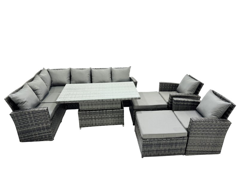Fimous Poly Rattan Outdoor Patio Height Adjustable Rising Lifting Table Corner Sofa Set with 2 Big Stool,2 Chairs for Garden Backyard Dark Grey Mixed