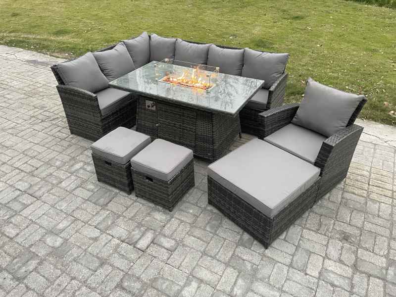 Fimous 10 Seater Outdoor Rattan Garden Furniture Set Corner Sofa Gas Fire Pit Dining Table Sets Gas Heater with 3 Footstools Armchair Dark Grey Mixed