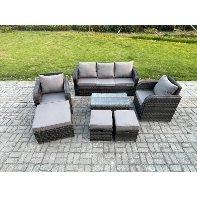 Fimous 8 Seater Rattan Garden Furniture Set Patio Outdoor Lounge Sofa Set with Rectangular Coffee Table 3 Footstools 3 Seater Sofa Dark Grey Mixed