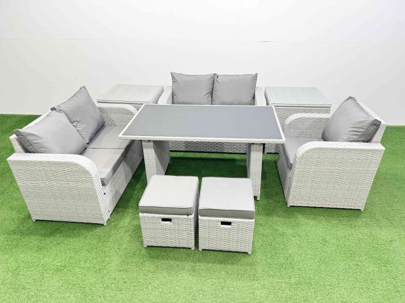 Fimous Rattan Sofa Outdoor Furniture with Dining Table,2 Side Tables,Love Sofa,2 Small Stools Patio Furniture Light Grey 7 Seater