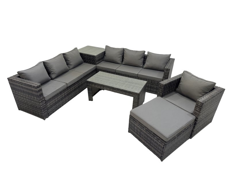 Fimous Garden Rattan Outdoor Furniture Set 8 Seater Patio Corner Sofa Oblong Coffee Table with Chair Big Stool Side Table Dark Grey