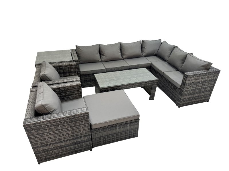 Fimous Outdoor Rattan Oblong Coffee Table Corner Sofa Sets Garden Furniture Set with 2 Chairs Big Stool Side Table Dark Grey Mixed