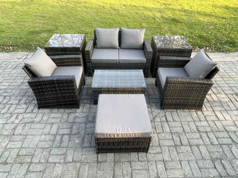 Fimous 5 Seater Outdoor Lounge Sofa Set Wicker PE Rattan Garden Furniture Set with Rectangular Coffee Table Double Seat Sofa 2 Side Tables Big Footstool Dark Grey Mixed