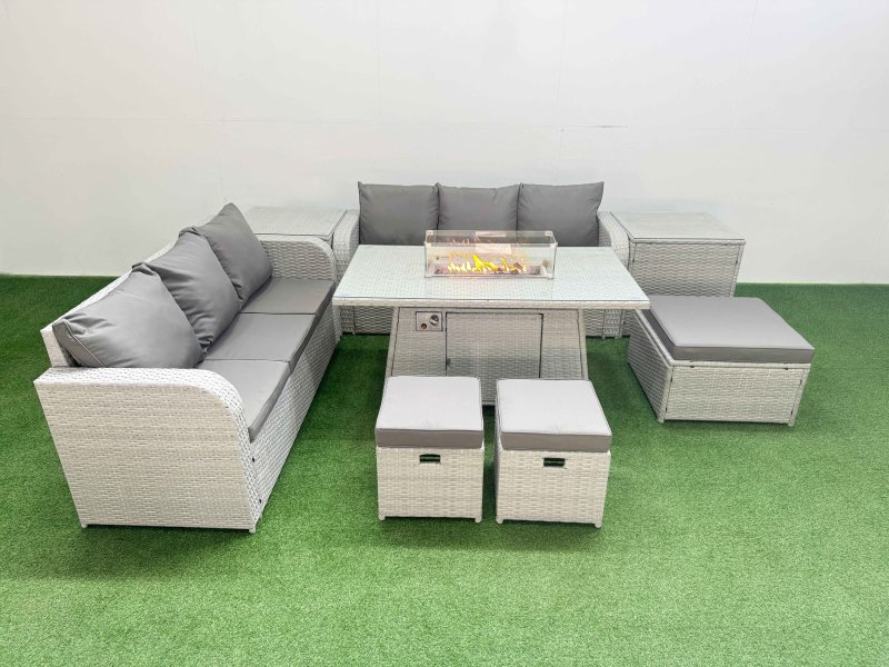 Fimous Outdoor Garden Furniture Sets 9 Seater Wicker Rattan Furniture Sofa Sets with Firepit Dining Table high Back Lounge Sofa 3 Stools 2 Side Table Light Grey