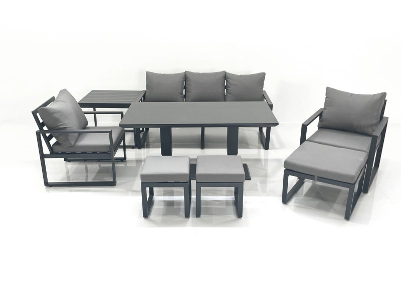 Fimous 8 Seater Aluminium Outdoor Garden Furniture Set with Adjustable Rising Lifting Dining Table 3 Seater Sofa 2 Chair 3 Footstool Side Table Dark Grey