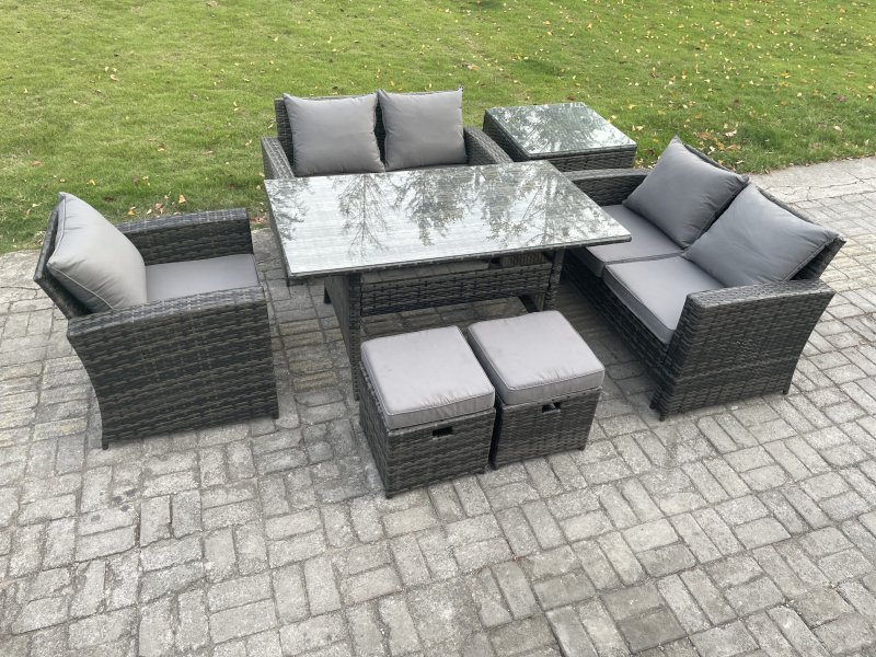 Fimous Wicker Rattan Garden Dining Set Outdoor Furniture Sofa with Dining Table Double Seat Sofa Side Table 2 Small Footstools Dark Grey Mixed