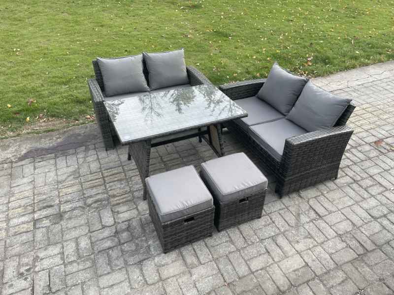 Fimous 6 Seater Wicker PE Rattan Garden Dining Set Outdoor Furniture Sofa with Rectangular Dining Table Double Seat Sofa 2 Small Footstools Dark Grey Mixed