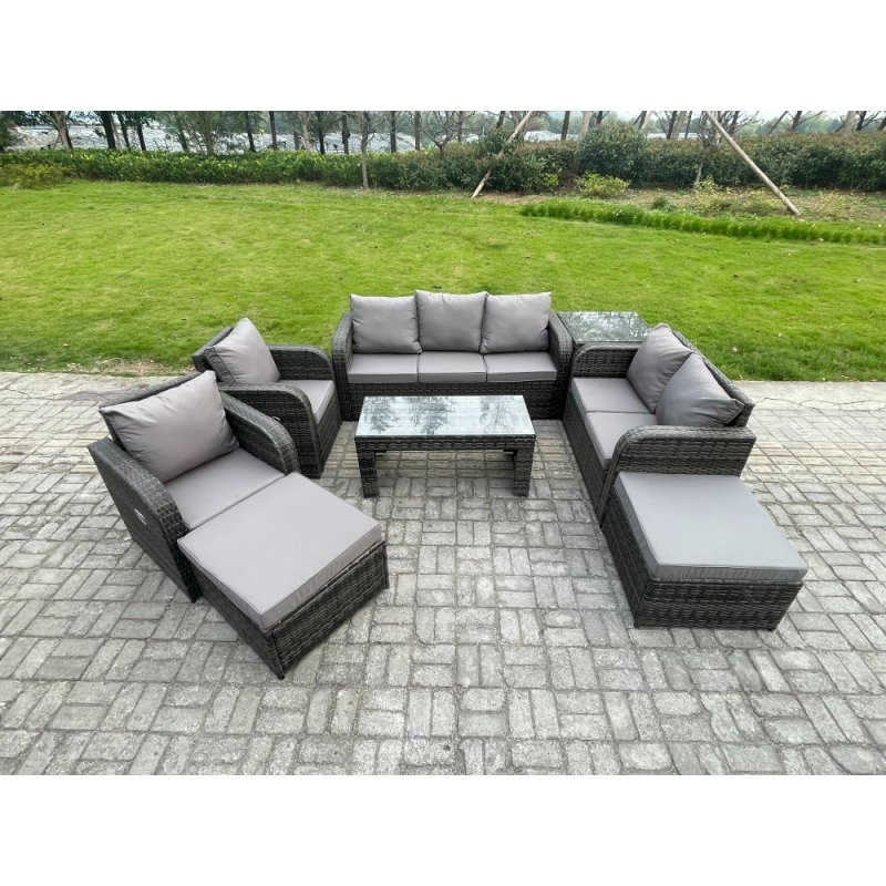 Fimous 9 Seater Outdoor Rattan Garden Furniture Set Rattan Lounge Sofa Set with Rectangular Coffee Table Side Table 2 Big Footstool Dark Grey Mixed
