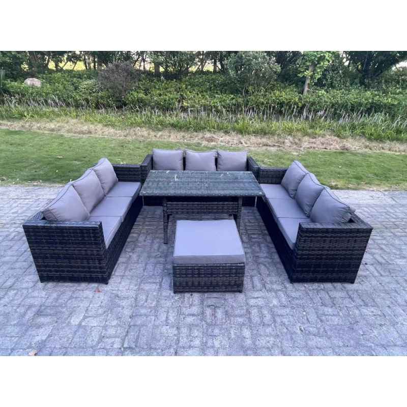 Fimous Outdoor Wicker Garden Furniture Rattan Lounge Sofa Set Patio Rectangular Dining Table with Big Footstool 10 Seater Dark Grey Mixed
