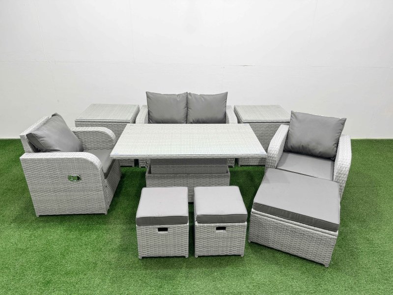 Fimous Light Grey PE Wicker Rattan Garden Furniture Set Sofa Set Reclining Chair Adjustable Lifting Dining or Coffee Table 7 Seater 3 Stools 2 Side Table