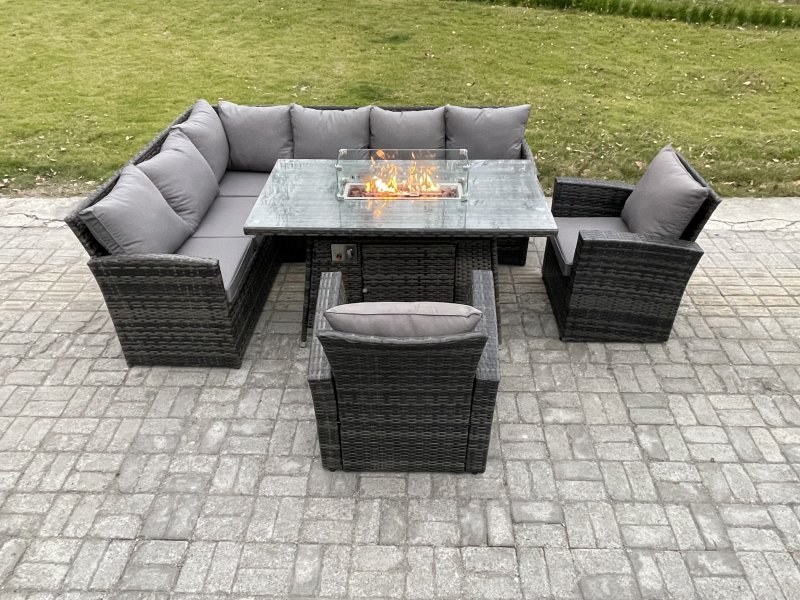 Fimous Rattan Garden Furniture High Back Corner Sofa Gas Fire Pit Dining Table Sets Gas Heater with 2 Armchairs 8 Seater Dark Grey Mixed