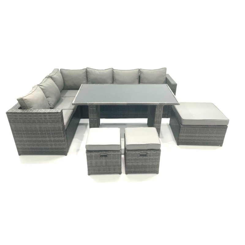 Fimous PE Rattan Corner Sofa Set Rectangular Dining Table Set With Seat And Back Cushion 7 Seater