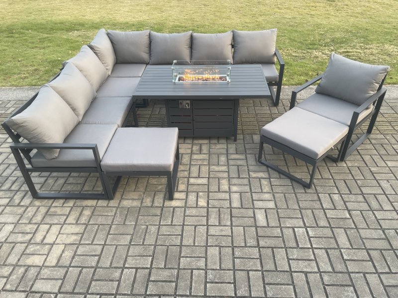 Fimous Aluminium 10 Seater Garden Furniture Outdoor Set Patio Lounge Sofa Gas Fire Pit Dining Table Set with Chair 2 Big Footstools Dark Grey