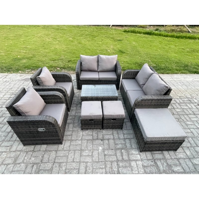 Fimous 9 Seater Rattan Garden Furniture Set Patio Outdoor Lounge Sofa Set with Rectangular Coffee Table 3 Footstools Love Sofa Dark Grey Mixed