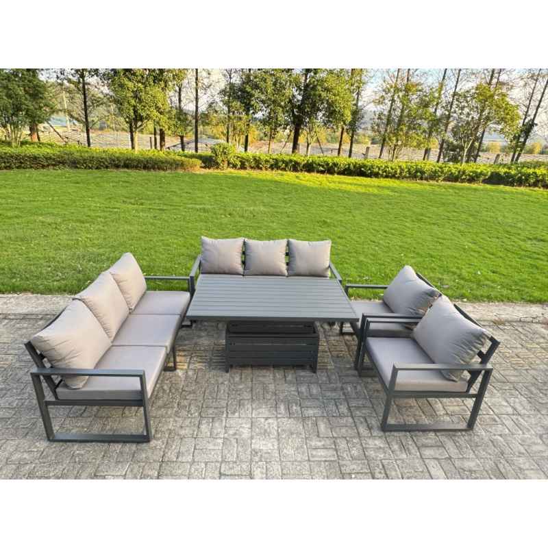 Fimous Garden Aluminium Furniture Set Dark Grey 10 Seater Outdoor Patio Adjustable Rising Lifting Dining Table with 3 Footstools 2 Side Tables Dark Grey