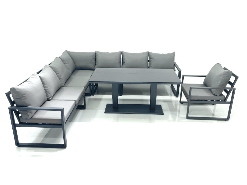 Fimous 8 Seater Outdoor Aluminum Garden Furniture Set Corner Sofa Chair Adjustable Rising Lifting Dining Table Sets Dark Grey