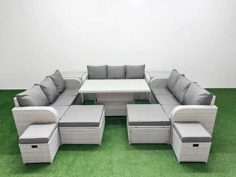 Fimous 8 Pieces Garden Rising Dining Table High Back Inclining Sofa Set 2 Big Footstool 2 Small Stool 2 Side Table Light Grey