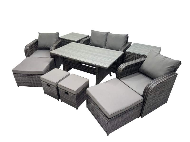 Fimous 8 Seat Outdoor Wicker PE Rattan Garden Furniture Set Dining Table Sofa Sets with 4 Stools 2 Side Table Dark Grey Mixed