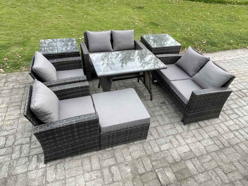 Fimous Rattan Garden Furniture Set Patio Outdoor Lounge Sofa Set with Rectangular Dining Table Double Seat Sofa 2 Side Tables Big Footstool Dark Grey Mixed