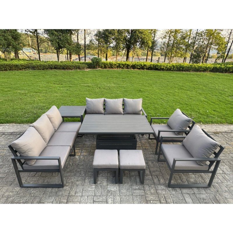 Fimous 7 Piece Garden Furniture Set 10-Seater Aluminium Outdoor Dining Set with Adjustable Rising Lifting Dining Table & Cushions Dark Grey