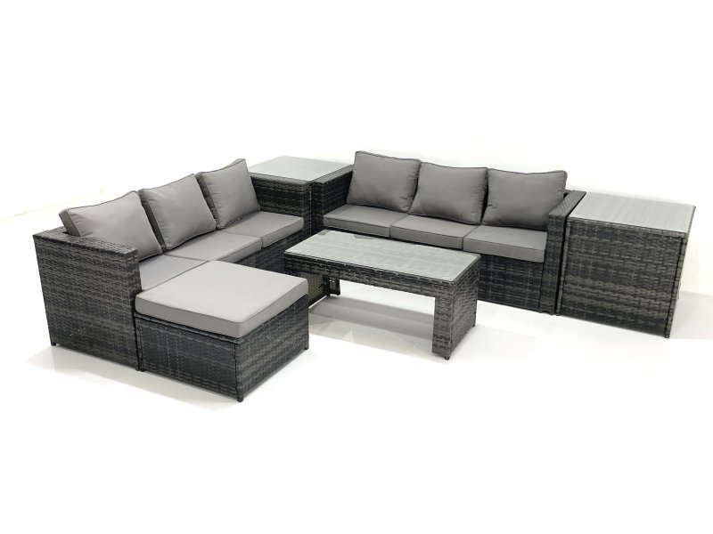 Fimous Garden Outdoor Rattan Furniture Set with Sofa Coffee table Big Footstool 2 Side Tables Dark Grey Mixed