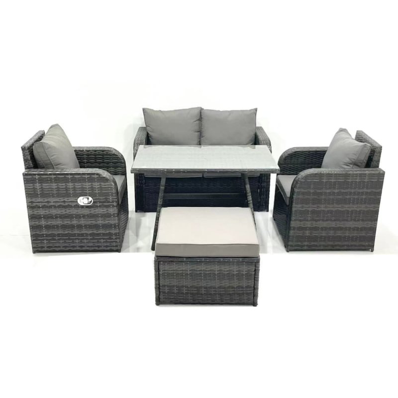 Fimous Outdoor Garden Furniture Set Rattan Sofa Dining Table Set with Reclining Chair Big Footstool Dark Grey Mixed