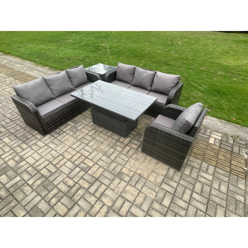 Fimous Outdoor Rattan Garden Furniture Sets Height Adjustable Rising lifting Dining Table Sofa Set with Reclining Chair Side Table Dark Grey Mixed