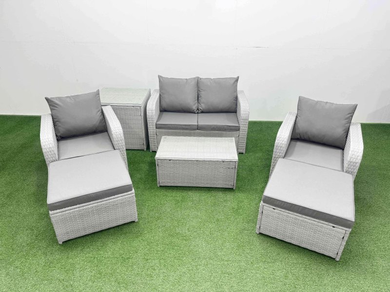 Fimous Light Grey PE Wicker Rattan Garden Furniture Set Sofa Set Reclining Adjustable Chair Rectangular Coffee Table 6 Seater 2 Big Stools Side Table