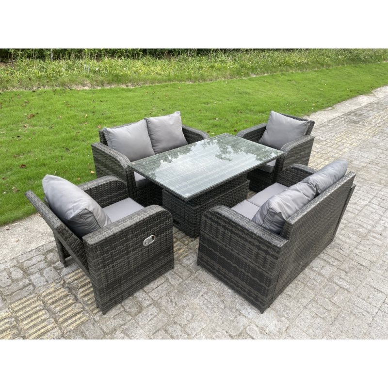 Fimous Outdoor Rattan Garden Furniture Sofa Set Dining Table Height Adjustable Rising Lifting Table Reclining Chairs Love Sofa 6 Seater