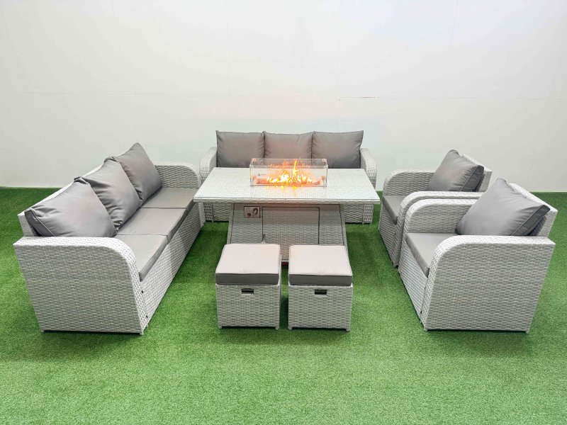 Fimous PE Rattan High Back Lounge Sofa Set Patio Firepit Dining Table & Chairs Set with 3 Seater Sofa Reclining Chair Stools Light Grey