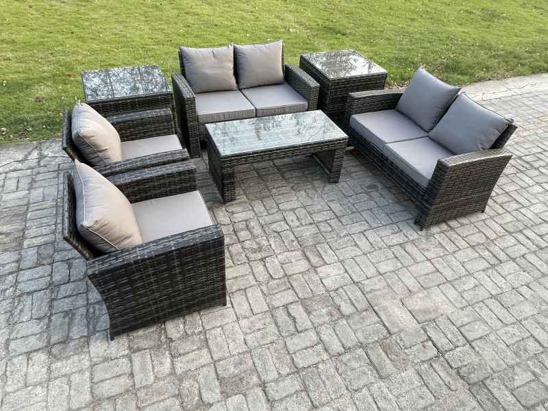 Fimous 6 Seater Dark Grey Mixed High Back Rattan Sofa Set Coffee Table Garden Furniture Outdoor Patio With Love Sofa Arm Chairs 2 Side Tables