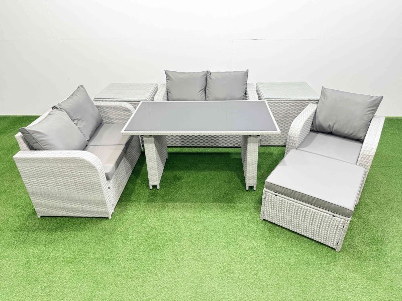 Fimous Rattan Sofa Outdoor Furniture with Dining Table,2 Side Tables,Love Sofa,Big Stool Patio Furniture Light Grey 6 Seater