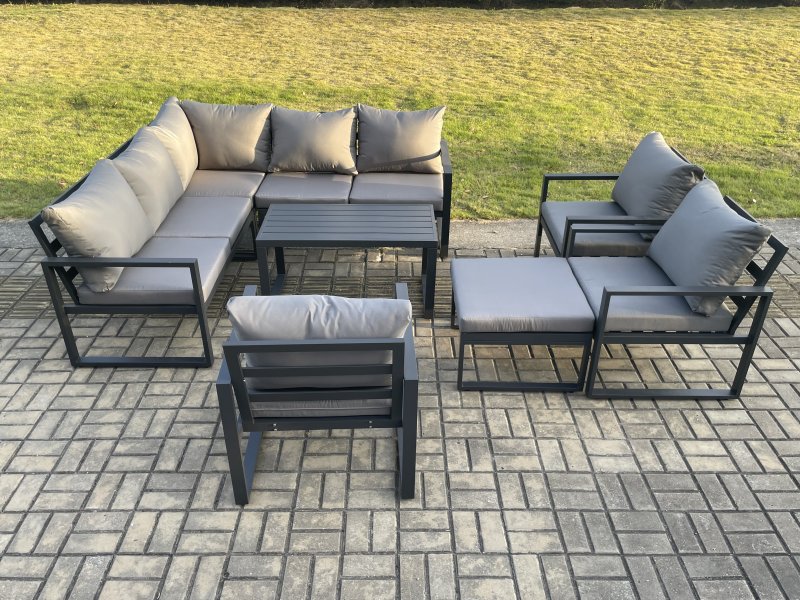 Fimous 9 Seater Aluminium Outdoor Garden Furniture Set Patio Lounge Sofa with Oblong Coffee Table Chair Big Footstool Dark Grey