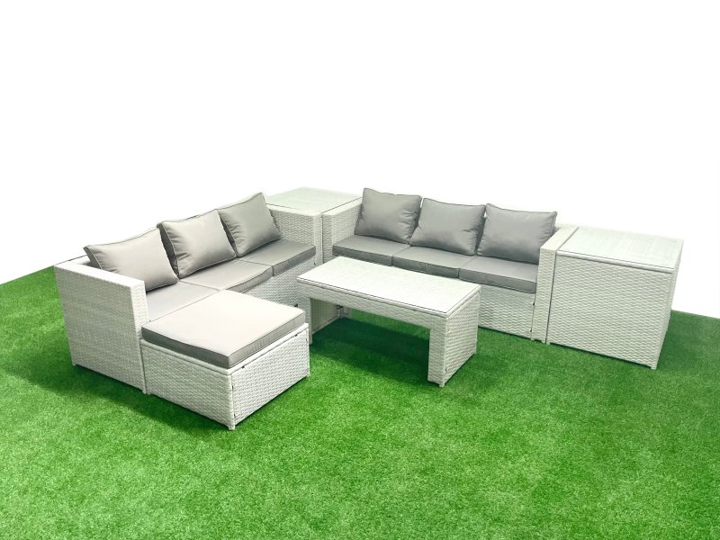 Fimous 7 Seater Garden Outdoor Rattan Furniture Set Rattan Garden Sofa Oblong Coffee Table with Big Footstool 2 Side Tables Light Grey Mixed