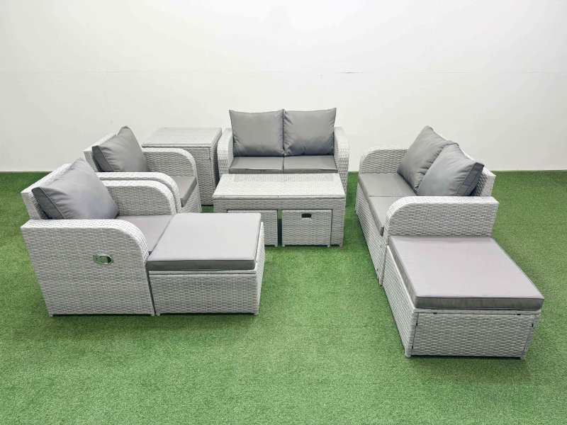 Fimous PE Wicker Rattan Furniture Sofa Sets with Oblong Coffee Table Love Sofa Reclining Chair 4 Stools Side Table Light Grey Mixed