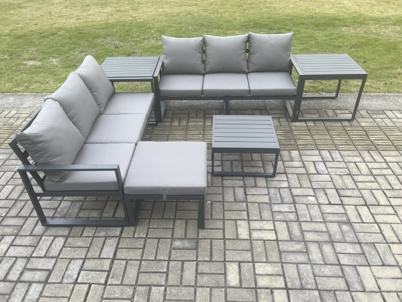 Fimous Aluminium 6 Pieces Garden Furniture Sofa Set with Cushions 7 Seater Outdoor Patio Set with Square Coffee Table Big Footstool 2 Side Tables Dark Grey