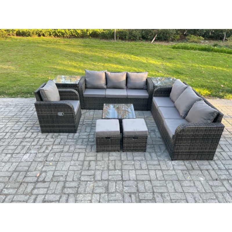 Fimous 9 Seater Outdoor Rattan Garden Furniture Set Conservatory Patio Sofa Coffee Table With Reclining Chair 2 Small Footstools 2 Side Tables Dark Grey Mixed