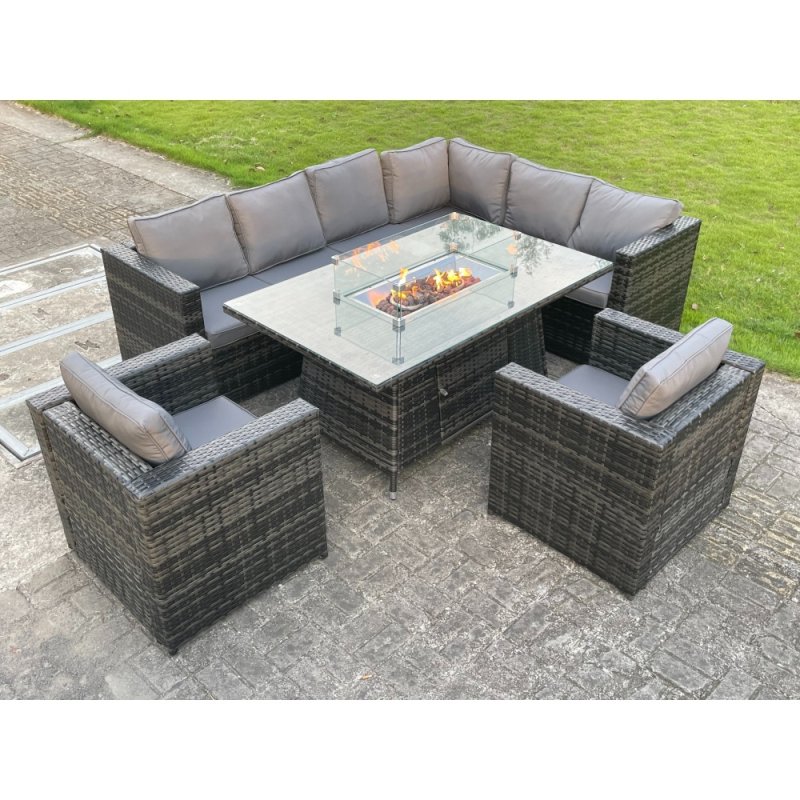 Fimous Outdoor Rattan Garden Furniture Corner Sofa Burner Gas Fire Pit Table Sets Gas Heater Lounge Chairs Dark Grey 8 Seater