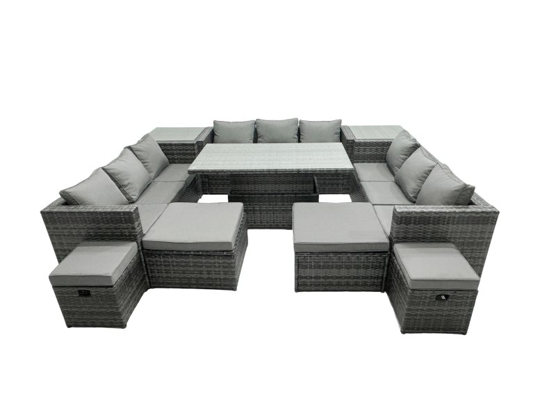 Fimous Rattan Dining Table Sofa Set with 2 Side Tables 4 Stools Outdoor 13 Seat Garden Furniture Set Dark Grey Mixed