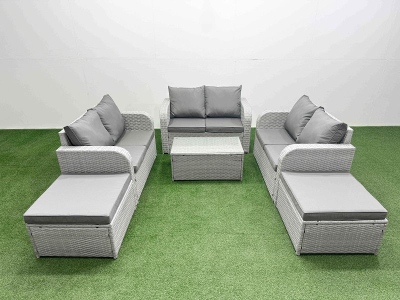 Fimous 8 Seater PE Wicker Rattan Furniture Sofa Sets with Rectangular Coffee Table 2 Seater Love Sofa 2 Big Footstool Light Grey