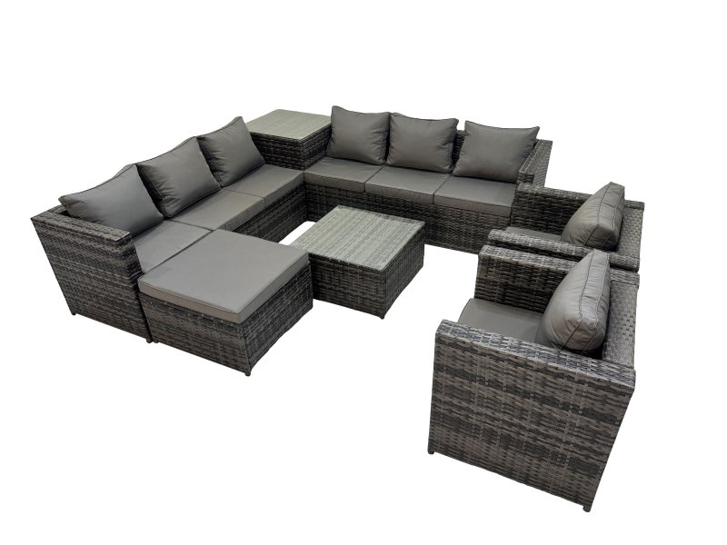 Fimous 9 Seater Garden Outdoor Rattan Furniture Set Patio Corner Sofa Coffee Table with 2 Chiar Side Table Big Stool Dark Grey
