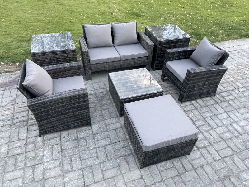 Fimous 5 Seater Outdoor Garden Furniture High Back Rattan Sofa Set with Square Coffee Table 2 SideTables Big Footstool Dark Grey Mixed